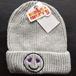 6/$20 Happy Face Kids Gray Beanie with Heart-Eye Smile Embroidery NWT